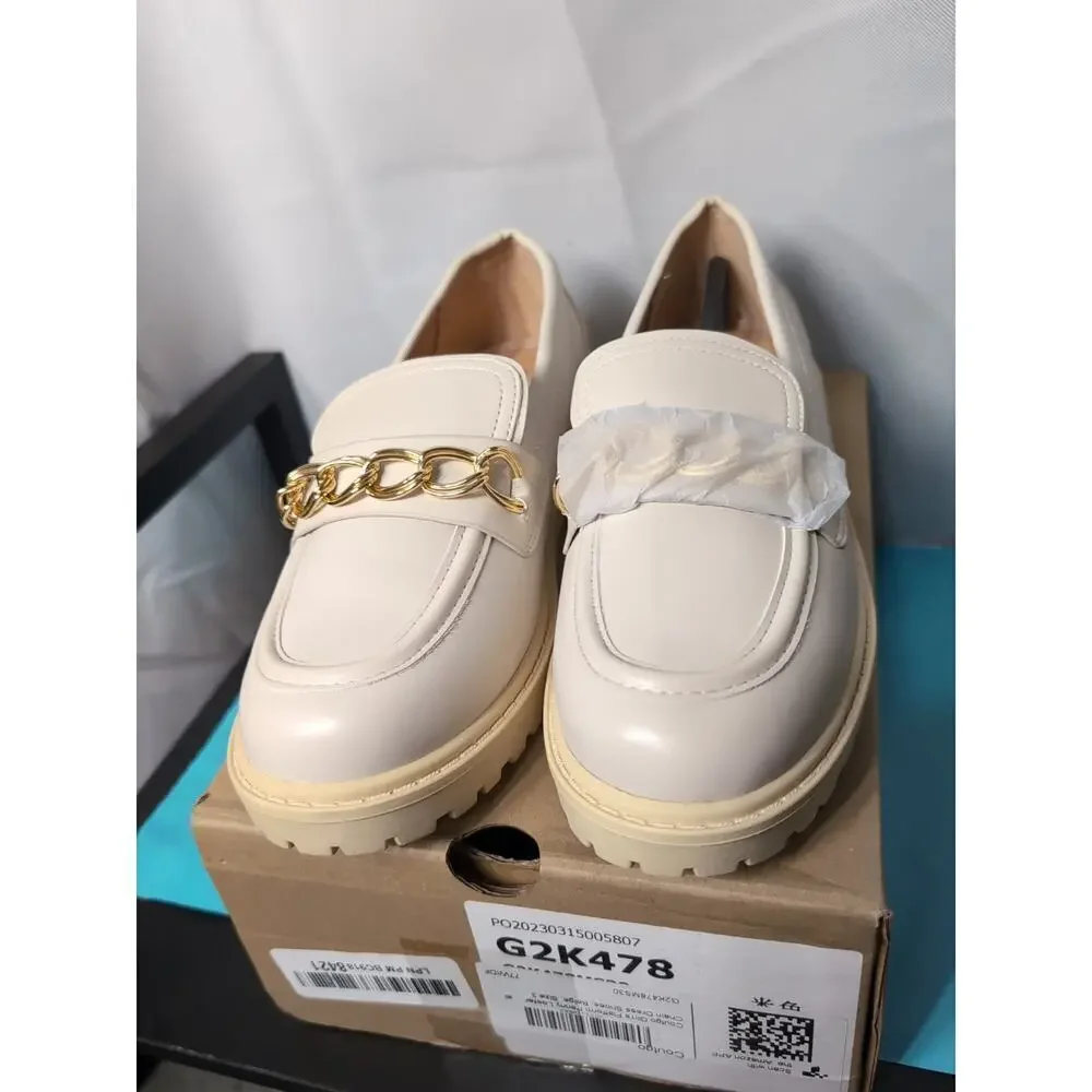 Coutgo Girls Platform Penny Loafers Chain Dress Shoes Beige Size 3